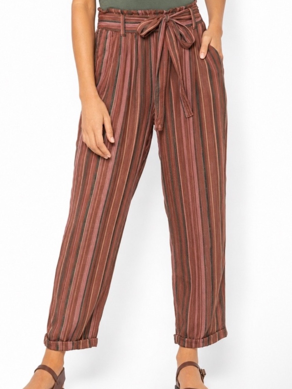American Eagle Outfitters Rust-Striped Wide Leg Paperbag Pants